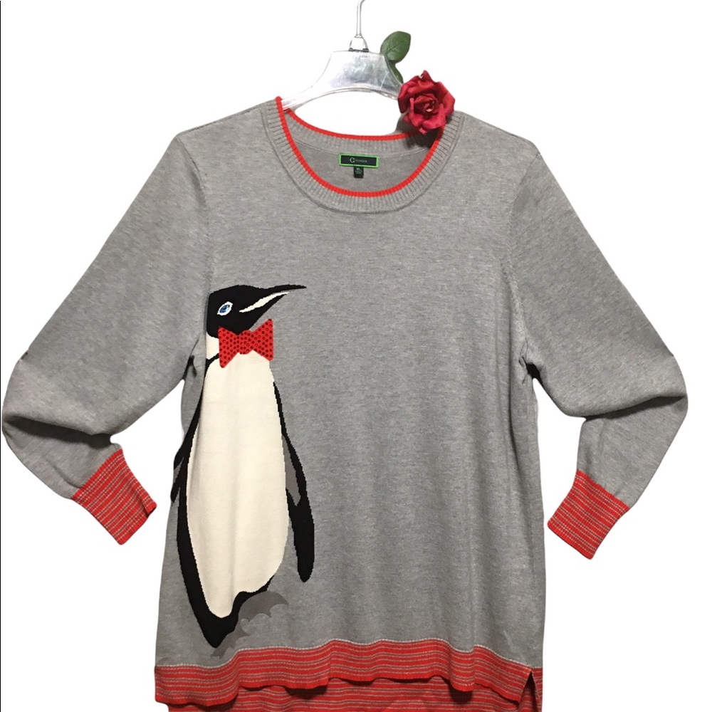 Ugly Sweater Penguin slate gray cherry red XL Ribbed Crew Neck C Wonder Grandma
